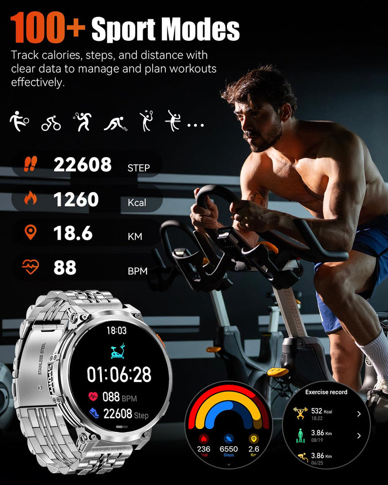 Military Smart Watch for Men, Flashlight, 1.85" Big Screen, 930mAh Battery | AMOLED Display, Bluetooth Calling, 2 Bands, IP68 Waterproof, 114 Sports Modes, Fitness Tracker, Android & iPhone Compatible
