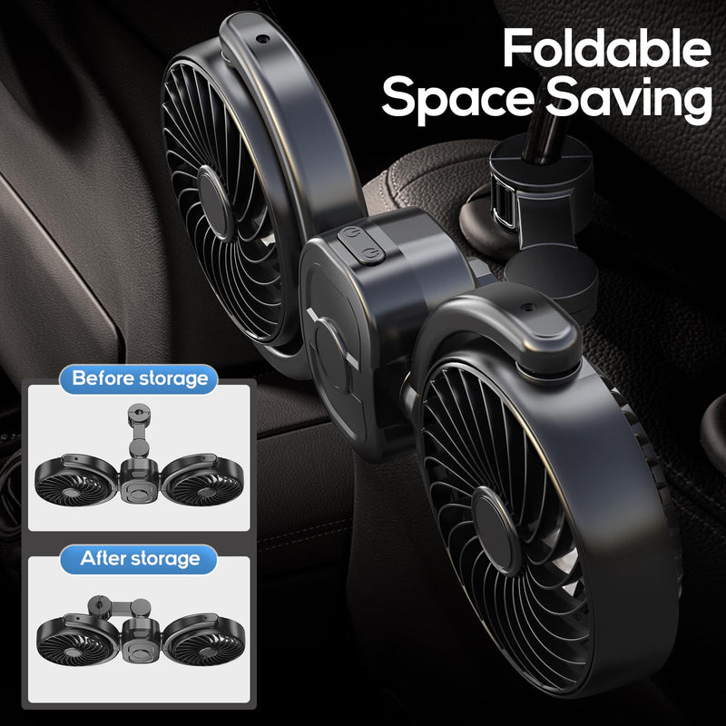 Dealswin Rechargeable Car Fan for Backseat Kids Baby, Battery and USB Dual Power Car Fans, Powerful 3 Speeds 360° Rotatable Dual Head Cooling Car Seat Fan for Sedan SUV RV Truck Vehicle