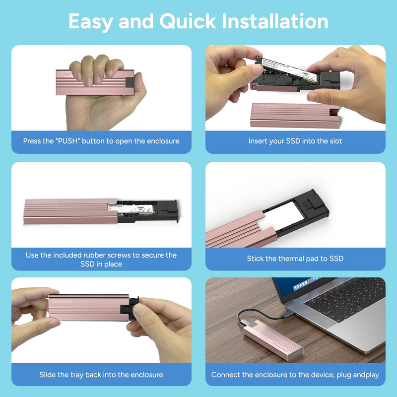 M.2 NVME SATA SSD Enclosure, Tool-Free USB 3.2 Gen 2 10Gbps NVME to USB Adapter, Supports M and B&M Keys External Solid State Drive Case for Size 2242/2260/2280(up to 8TB) Pink