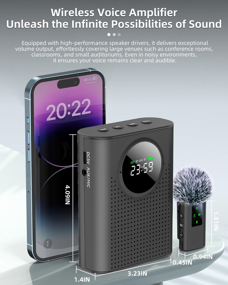 [AUSTRALIA] - Rechargeable Voice Amplifier Wireless Microphone for Teachers Classroom, Mini Lavalier Lapel Mic Clip Magnetic, Portable Bluetooth Speaker with LED Display for Class, Tour Guide, Coaches, Black Amplifier + 1 MIC 