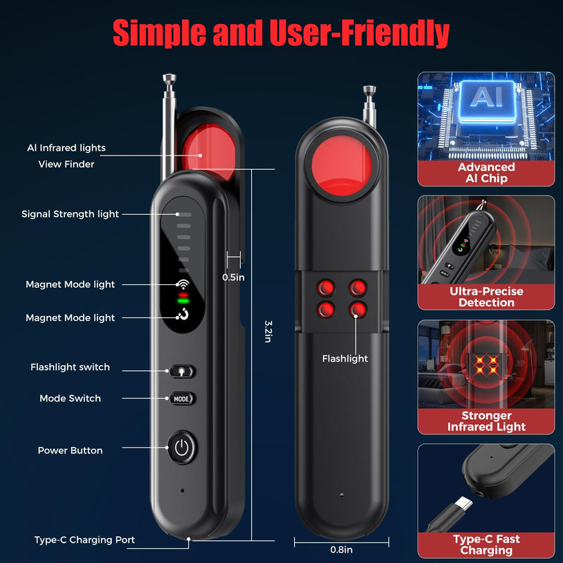 Hidden-Camera-detectors Portable-Bug Detector&Camera Finder-GPS Tracker Detector-Upgrad-Anti-spy Camera Finder-mini RF Signal Scanner-spy Device Detector for Travel,Office/Hotel/car-Black black