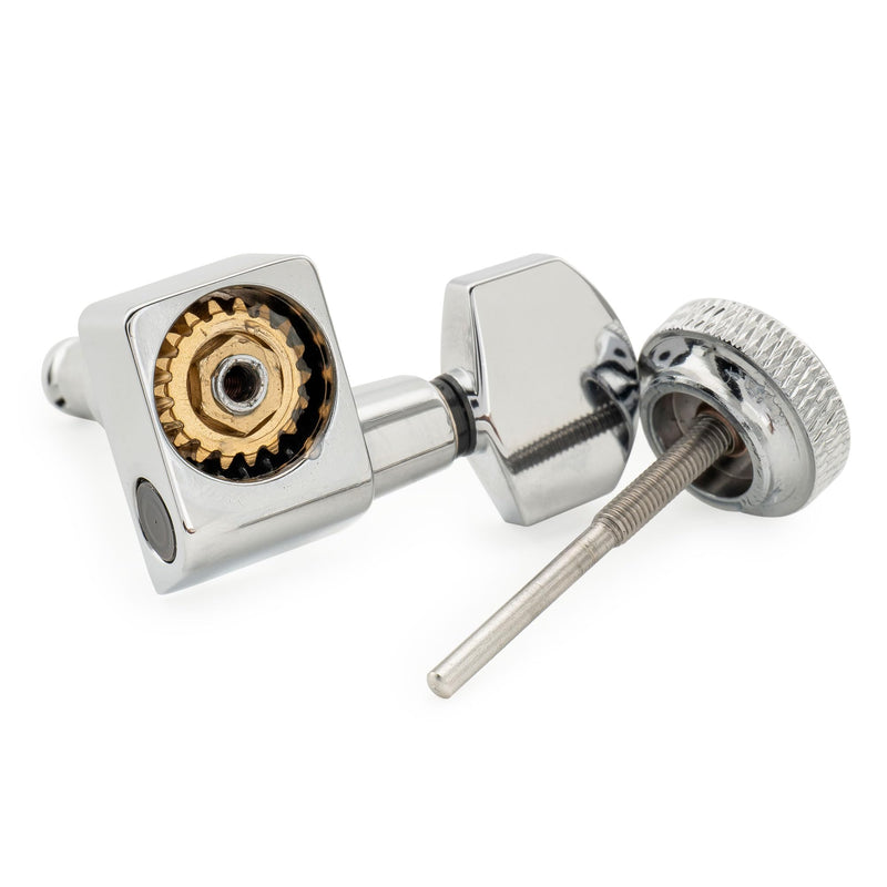 [AUSTRALIA] - Musiclily Pro Left-Handed 6-in-line 18:1 Ratio 2-Pin Full Sealed Locking Machine Heads Tuners Tuning Pegs Keys with Hex Button for Fender Strat Tele Style Electric Guitar, Chrome 6L Chrome 