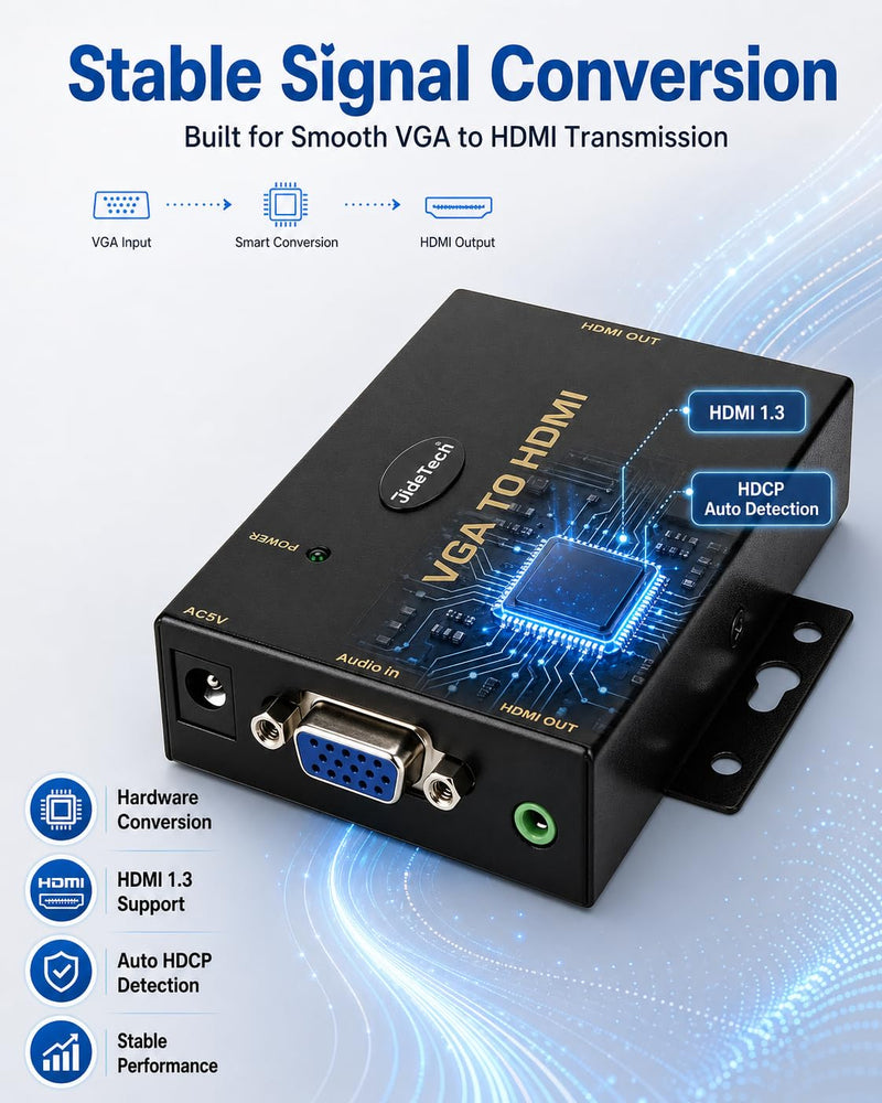 JideTech VGA to HDMI Converter with Audio, One-Way VGA Source to HDMI Display Adapter, 1080P Active Converter, DC 5V Powered, 3.5mm Audio Input, for HDTV, Monitor and Projector