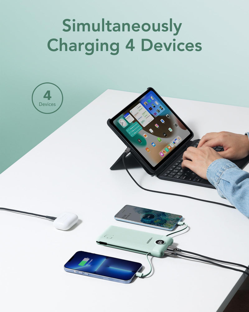 VEGER Portable Charger for iPhone with Built in Cables and Wall Plug, 10000mah Slim Fast Charging USB C Power Bank, Travel Essential Battery Pack Compatible with iPhone, iPad, Samsung etc(Green) Green