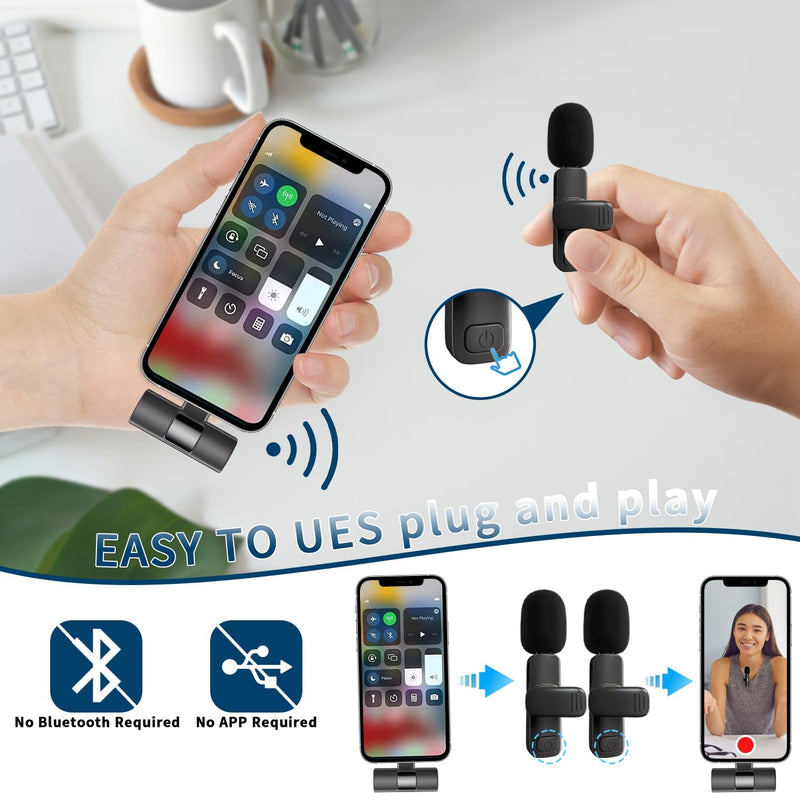 [AUSTRALIA] - Professional Wireless Lavalier Lapel Microphone for iPhone, iPad, Cordless Omnidirectional Condenser Recording Mic for Video Recording, Live Streaming, Interview Podcast Vlog YouTube Tiktok(2 Pack) Black-1 