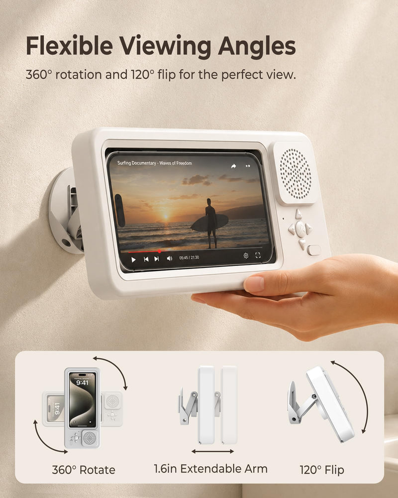 Shower Phone Holder Waterproof with Wireless Bluetooth Speaker | IP67, Anti-Fog HD Touch Screen, Bathroom Wall Mount Phone Case, 360° Rotating, Hands-Free Calls, Fits 4.7-7" Phones White