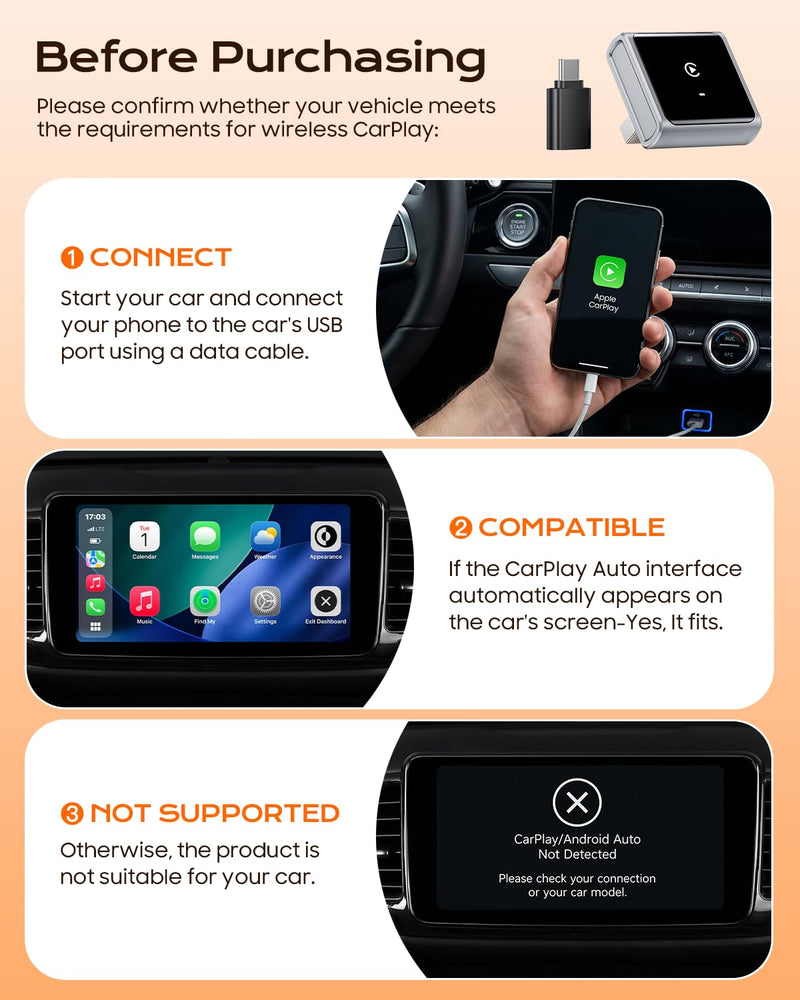 Mini Wireless CarPlay Adapter for iPhone Apple, USB-A/C Plug & Play | Go Wireless with Factory Wired Apple CarPlay, Fast Auto Connect, Low Latency, Compatible with iOS 10+ & 2015+ Cars, Gray