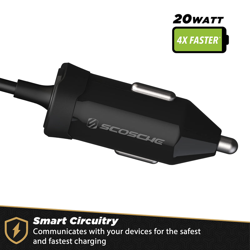 Scosche CPDC203 PowerVolt 20-Watt USB Type-C Power Delivery 3.0 Fast Car Charger with Attached 3-Foot Adjustable Coiled Cable for All USB-C Devices 20W w/ USB-C Cable Single Port
