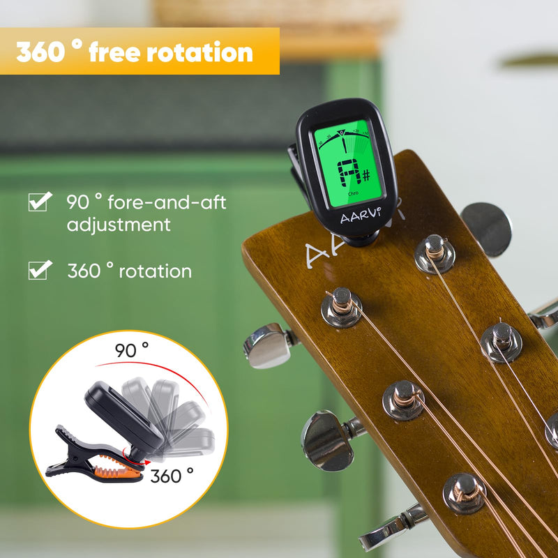 [AUSTRALIA] - Clip On Guitar Tuner 5 Pack for All Instruments, Acoustic/Electric Guitar, Ukulele, Bass, Violin, Banjo, Large Clear LCD Display for Guitar Tuner, Chromatic Tuner, 20 Pack Guitar Picks Included A-tuner Black-5-Pack 