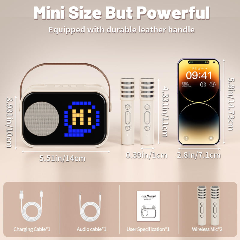 Karaoke Machine for Kids Adults, Portable Bluetooth Karaoke Speaker with 2 Wireless Microphones, Pixel Display Light, Birthday Gifts Toys for Girls & Boys Ages 3, 4, 5, 6, 7, 8, 9,10,11,12+ Years 2 Mics Beige