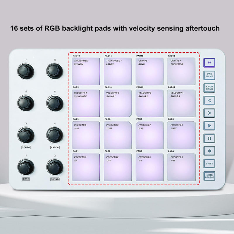 Portable MIDI Drum Pad Controller - Beat Maker Machine with 16 RGB Backlit Pads, Bluetooth USB, 8 Assignable Knobs for Music Production