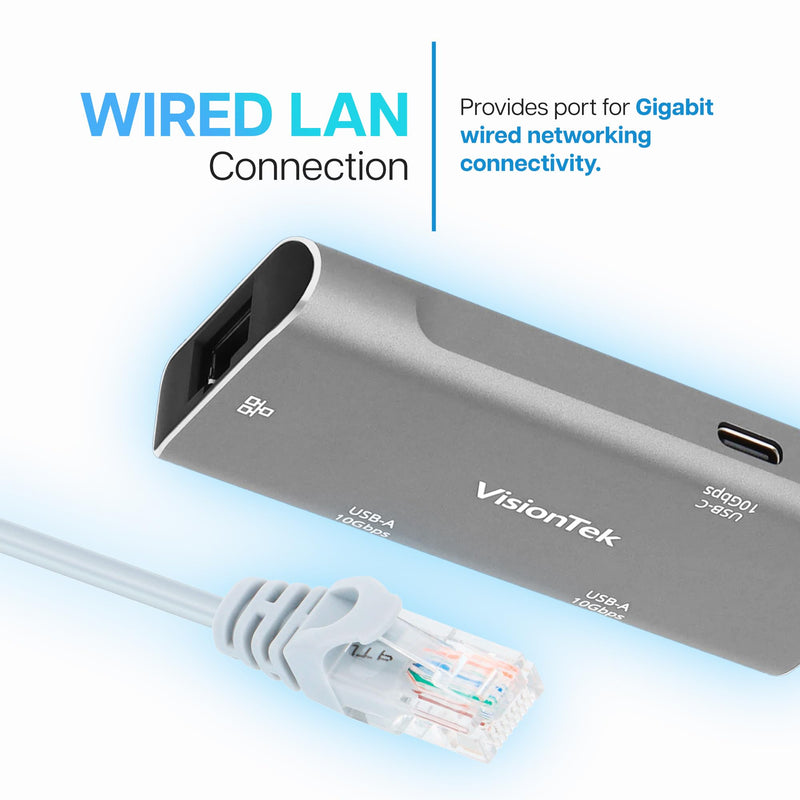 VisionTek USB-C Hub, 3-Port, Gigabit Ethernet Adapter, 10Gbps USB-C & USB-A | Plug and Play, 10Gbps 3-Port USB C Hub, 1x USB-C & 2x USB-A Data Adapter, Driverless Dongle for MacBook, Laptop & PC