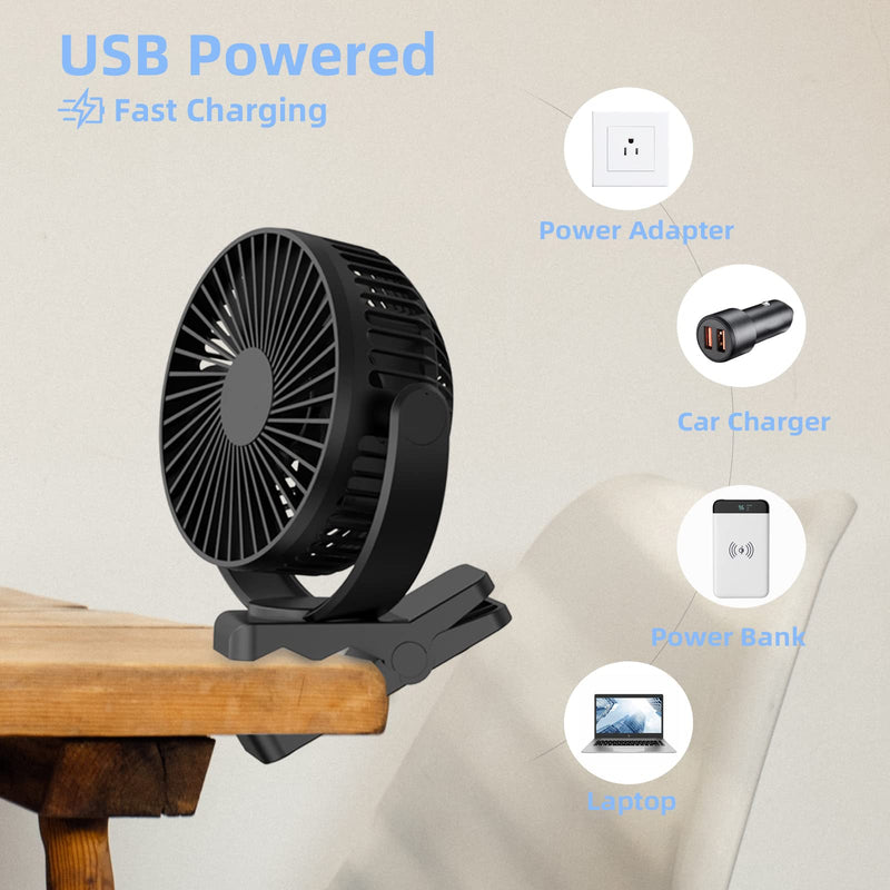 ATEngeus USB Desk Fan, 5000mAh Rechargeable Portable Fan, 5 Inch Clip-on Fan, 3 speed strong airflow, Dual 360° Rotation, with USB data cable, Suitable for home, office and stroller. (black) TF-28B-5''