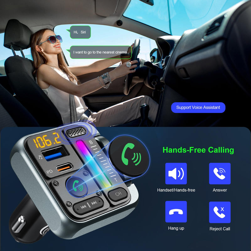 [AUSTRALIA] - Bluetooth Car Adapter - Bluetooth 5.3 FM Transmitter, PD 45W & QC3.0 12W Fast Car Charger, Wireless FM Stereo Radio Music Adapter [Hi-Fi Bass/Treble Roller], Hands-Free Calling/U-Disk Grey 