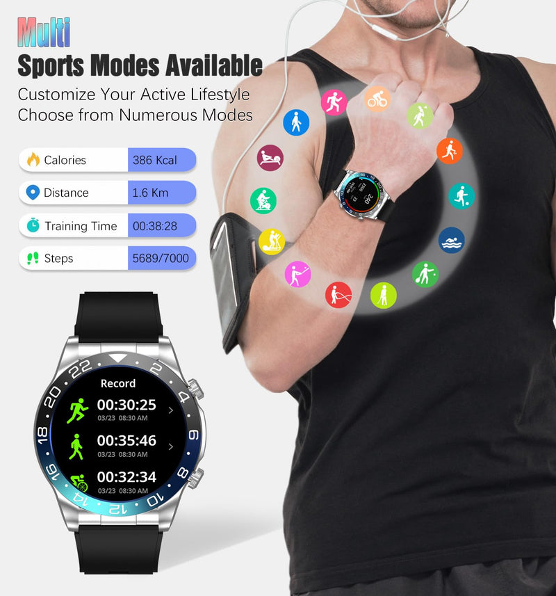 Men's Smartwatch 1.43" AMOLED Display Sports Fitness Tracker Answer&Make Calls, Heart Rate Sleep Monitor IP67 Waterproof Smart Watch for Men, Pedometer, Support Android & iOS (Black Blue) black blue