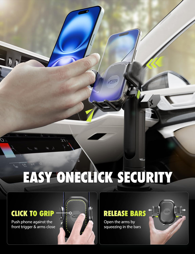 Bracketron OneClick Cup Phone Holder for Car, 360° Rotation Expandable Base | OneClick car phone mount with twist-to-expand base, folding support legs, and secure hold for smartphones up to 4.2 inches