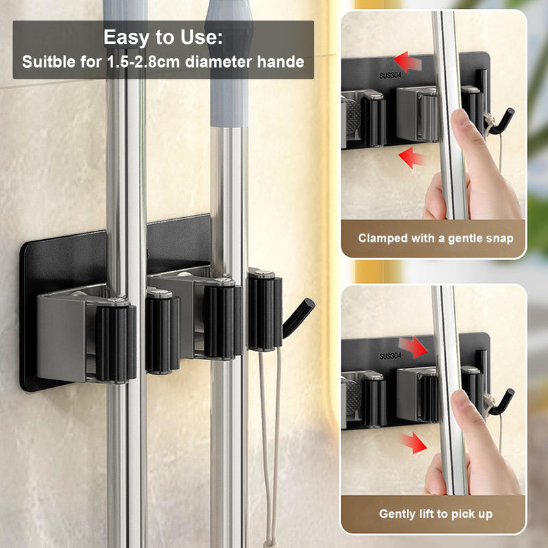 HTRTRR Broom Holder Wall 2 Pieces, 3 in 1 Tool Holder Stainless Steel Garden Tool Holder Wall Mount Self-Adhesive Broom Holder for Kitchen, Home, Bathroom, Garage, Garden