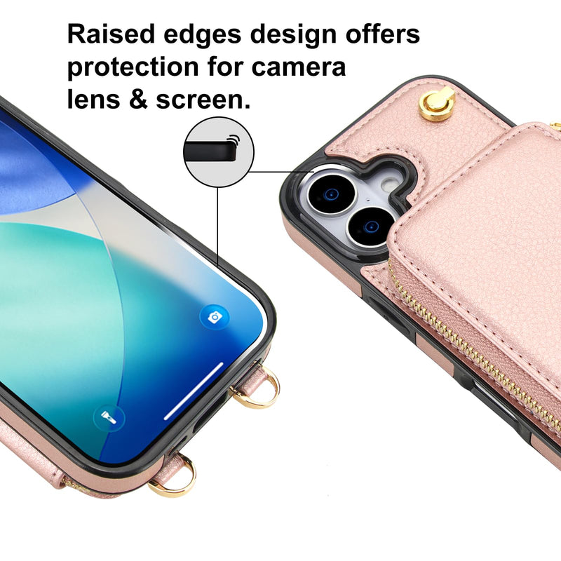 Bocasal for MagSafe Crossbody Wallet Case for iPhone 17, Rose Gold | for Wireless Charging RFID Blocking Protective Purse Case with Card Slot Holder Kickstand Wrist Strap Lanyard Zipper 6.3 Inch Rose Gold for MagSafe