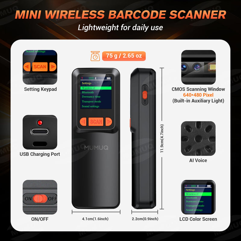 Wireless Barcode Scanner Mini Bluetooth 1D 2D QR Bar Code Scanner 3-in-1 Bluetooth & 2.4G & USB Wire Barcode Reader Compatible with Windows Android iOS Tablet PC (with LCD Screen)