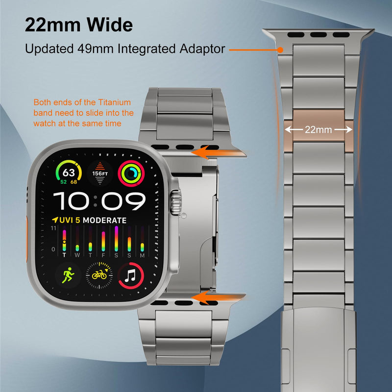Titanium Band Compatible with Apple Watch Ultra 2/1 Series 10/9/8 49mm/46mm/45mm/44mm, Dressy Watch Band with Adjustable Secure Foldover Clasp For Men/Women Ti01 | Folding Clasp | 22mm Width