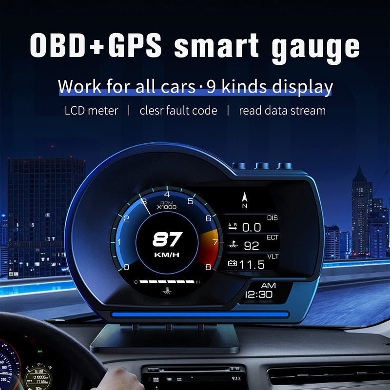 GPS Speedometer for Car, Head Up Display for Car with OBD2 & GPS Digital Speedometer Dual System HUD Car Speedometer MPH with Mileage, Water Tem, Vlt, Mileage, Overspeed & Fatigue Driving Alarm, RPM