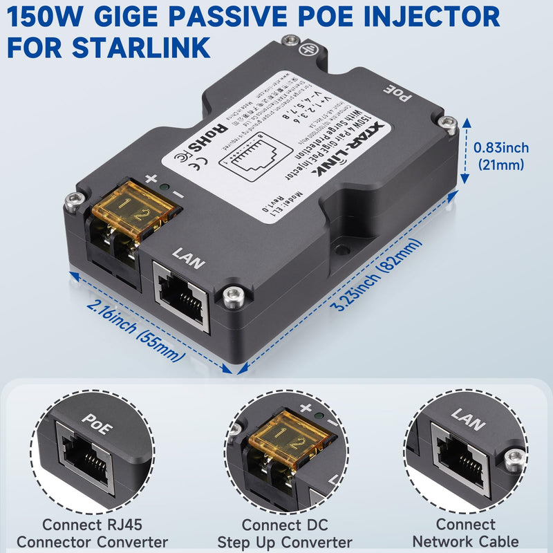 150W GigE Passive PoE Injector for Starlink Internet Kit Satellite -Built-in Surge and ESD Protection -48-57V PoE Power Injector Compatible with Starlink Satellite Dishy Gen2 V2 150w GigE Passive PoE Injector