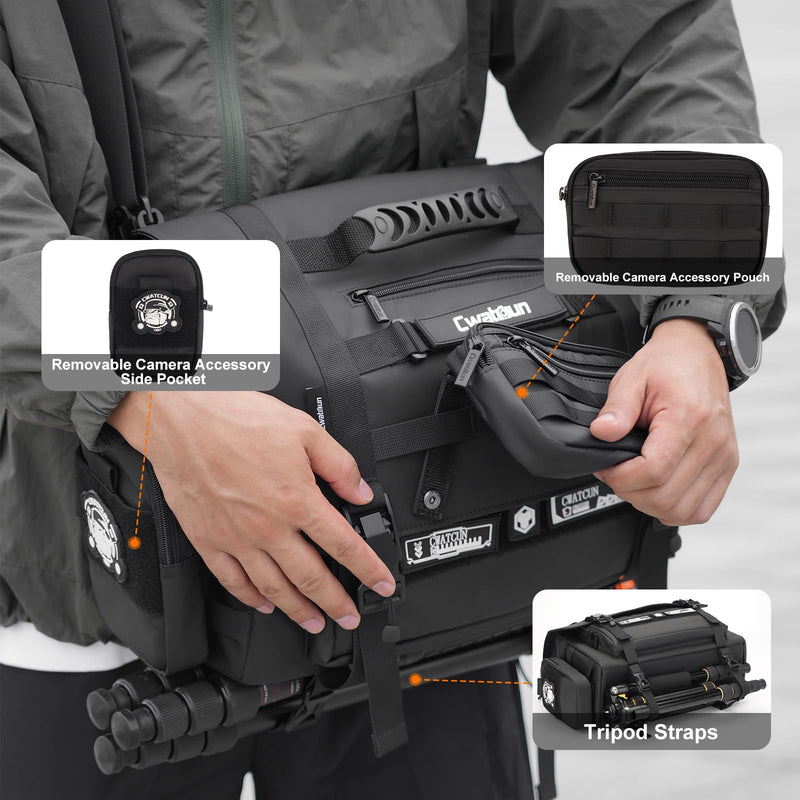Cwatcun Tactical Camera Sling Bag, Crossbody Case with Tripod Holder | Fits 1camera+2lenses+11"iPad. Tactical webbing, removable pouches, magnetic buckle, padded foam, tripod holder Black Small