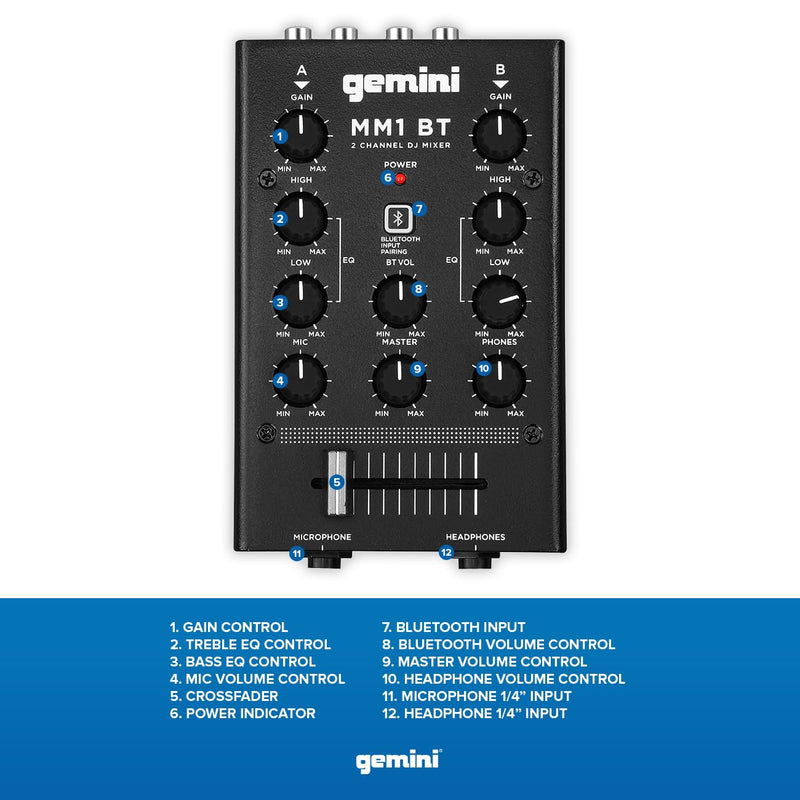 Gemini Portable Bluetooth DJ Mixer – 2-Channel Mini Audio Mixer with Wireless Input, RCA, Mic & Headphone Jacks, EQ & Crossfader – Compact DJ Mixer Board for Beginners & Mobile DJs (MM1BT) MM1BT