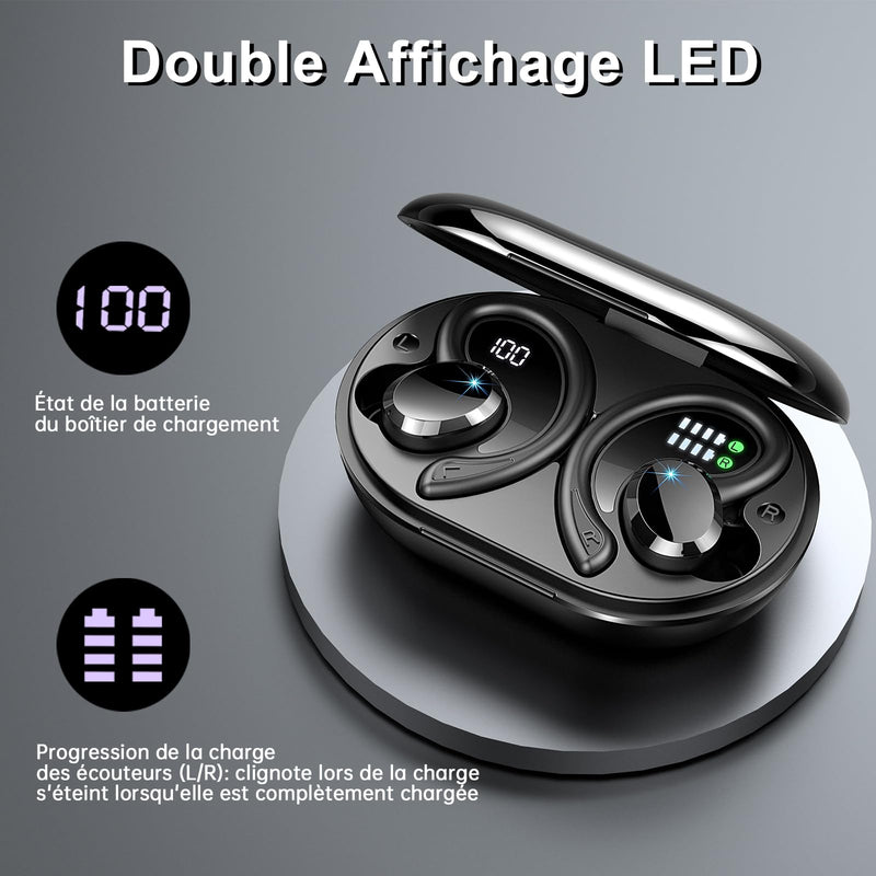 Wireless Earbuds Bluetooth Headphone Sport, 2024 Bluetooth 5.3 Earbud 14.2mm Driver Stereo Over Ear Buds, 48Hrs Earphone with Earhook, Noise Cancelling Mic, IP7 Waterproof Headset for Workout/Running 800 mAh Black
