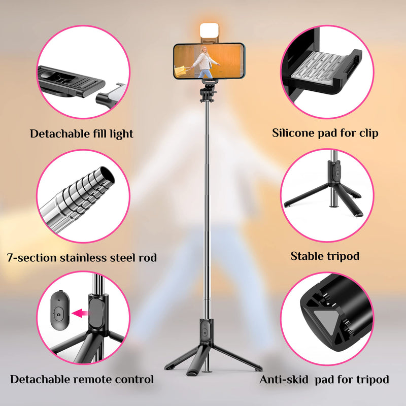 Selfie Stick Tripod with Fill Light, All in One Extendable Selfie Stick with Detachable Wireless Remote, Flexible Phone Tripod Stand Compatible with iPhone/Galaxy, Compact Size & Lightweight Black & With Light