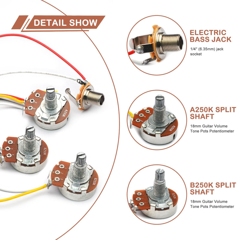 SAPHUE Bass Wiring Harness Prewired Kit 250K Big Pots 2 Volume 1 Tone For Jazz Bass Electric Guitar Parts