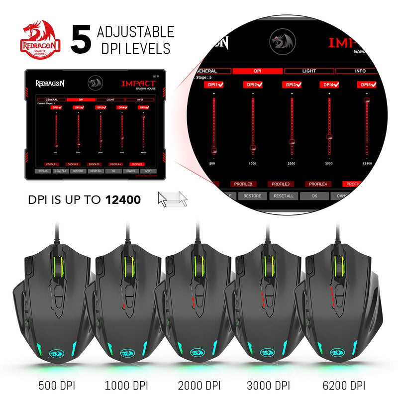 Redragon M908 Impact RGB LED MMO Mouse with Side Buttons Optical Wired Gaming Mouse with 12,400DPI, High Precision, 20 Programmable Mouse Buttons Black Wired