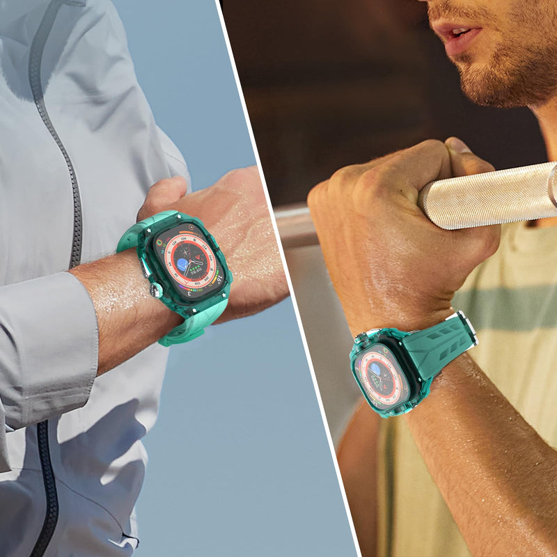 Luxury Translucent Smartwatch Case for Apple Watch Ultra 1/2 49mm, Fully Wrapped Lightweight Rugged case with Silicon Strap, Stainless Steel Buttons, Protective Cover for Men/Women (Mint Blue) Mint Blue