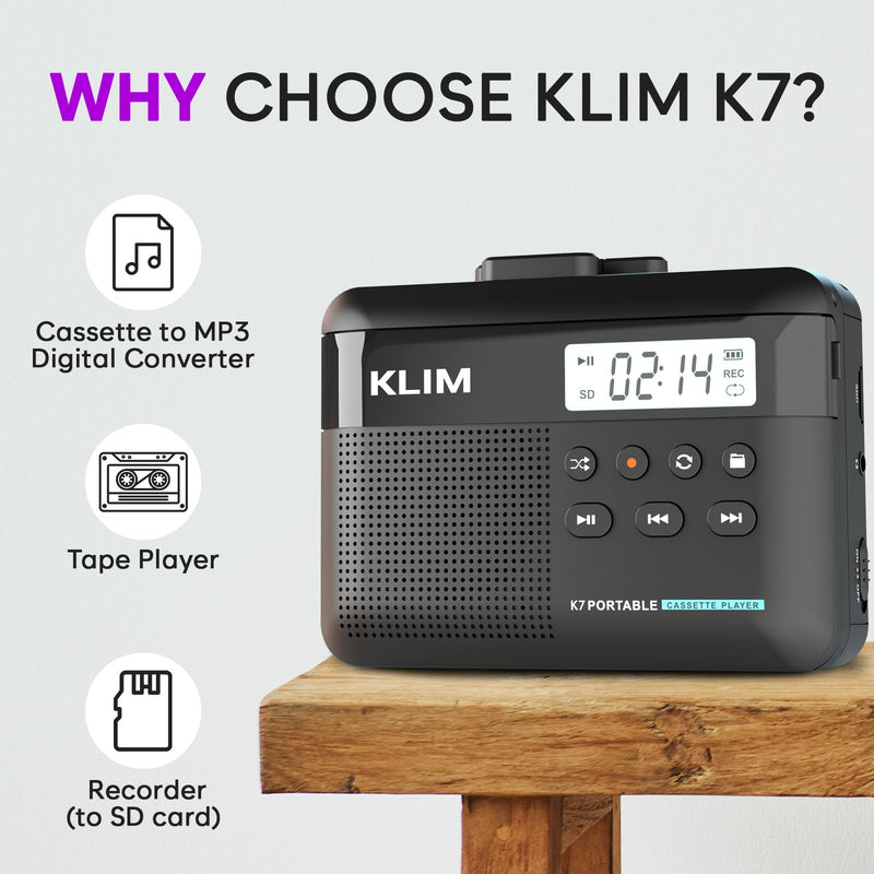 [AUSTRALIA] - KLIM K7 Cassette Tape Player + Cassette to MP3 Converter + Portable Cassette Player + Built-in Microphone & Speaker + Rechargeable Battery + Earphones + 8GB SD Card 8GB Black 