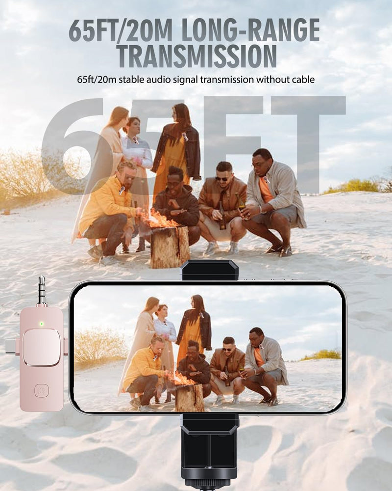 [AUSTRALIA] - PQRQP 3 in 1 Wireless Lavalier Microphone for iPhone, iPad, Android, Camera, Mini Microphone, 7-Hour Battery, High Definition Sound Quality for Interview, Video Podcast, Vlog (Pink) Pink 