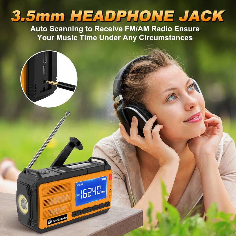 Emergency Weather Radio Solar Hand Crank Emergency Radio 37000mWh AM/FM NOAA Weather Radio with LCD Display 3 Mode Flashlight SOS Alarm Compass Headphone Jack for Winter Storm Emergency Orange