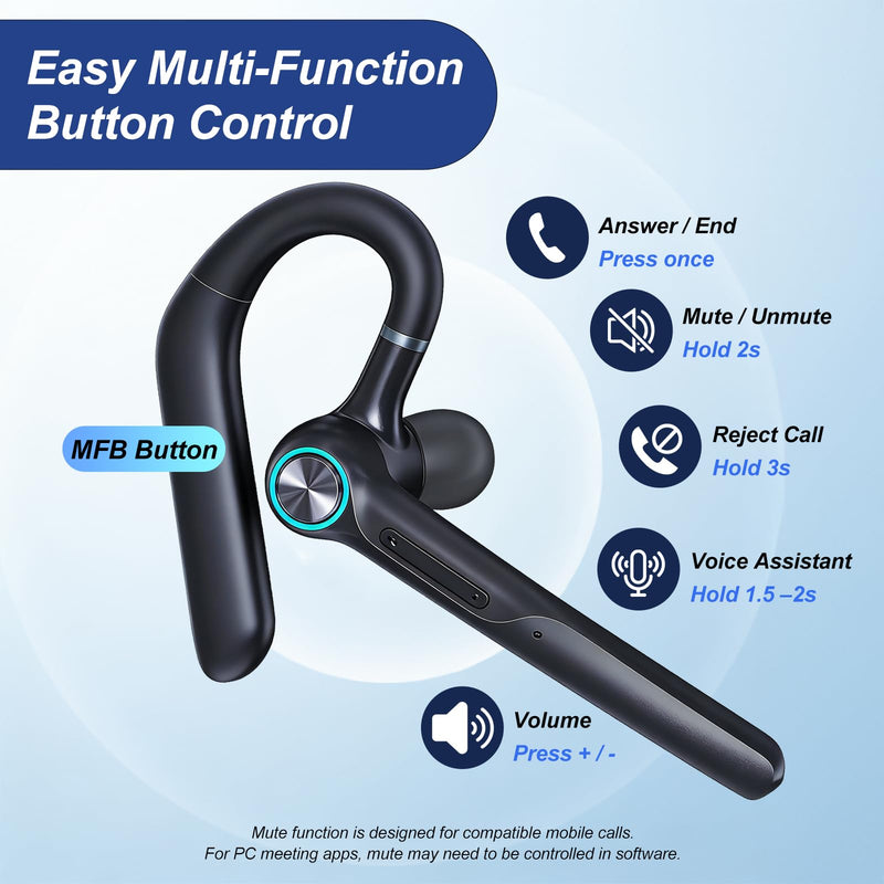 [AUSTRALIA] - ONE LIFE Bluetooth Headset with Microphone, Bluetooth Earpiece for Work, Wireless Headset with Mic, 15H Talk Time, 500mAh Charging Case, Bluetooth 5.3, LED Display for Office, Laptop, Phone, Driving Black 