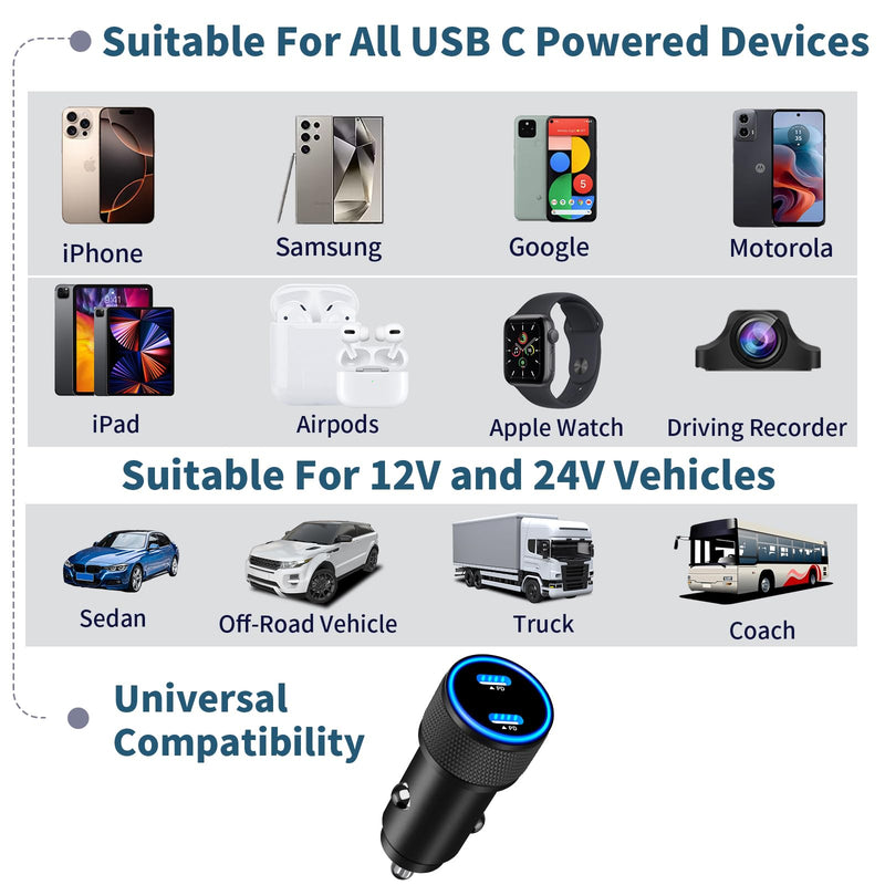 [Apple MFi Certified] iPhone Fast Car Charger, Linocell 90W Dual PD Car Power Cigarette Lighter USB-C Car Carplay Charger with 2Pack Type-C Braided Cable for iPhone 16/16 Pro/16 Pro Max/15/15 Pro/iPad Titanium Black Dual USB-C