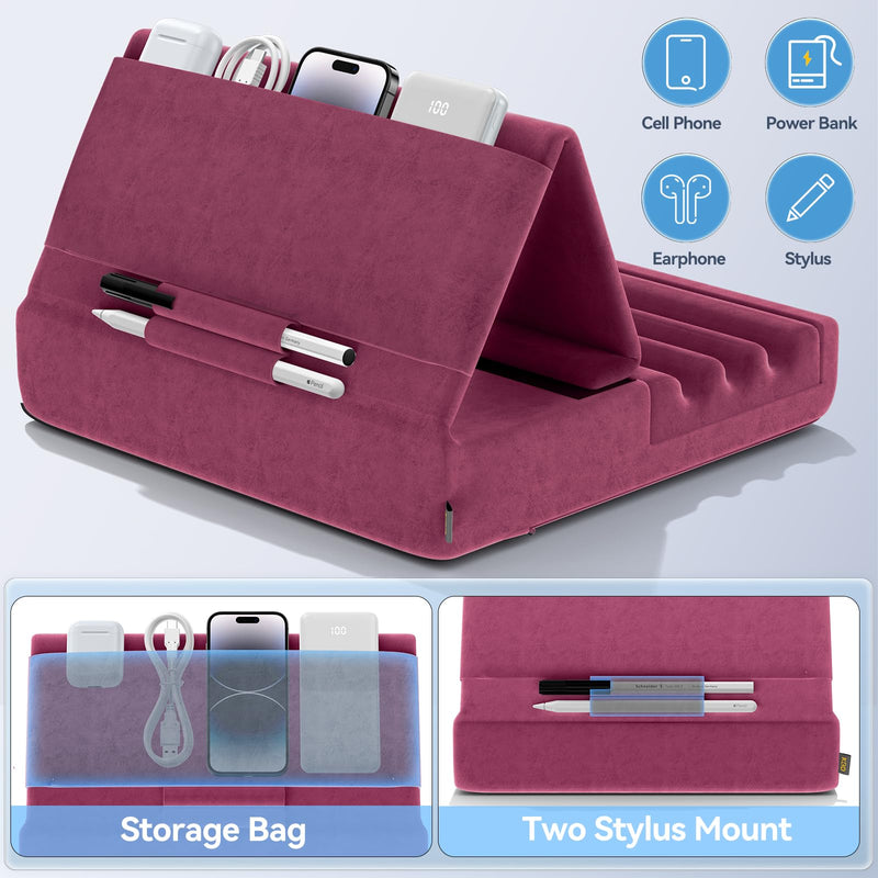 KDD Tablet Pillow Holder, Foldable iPad Stand for Lap, Bed and Desk -Tablet Soft Pad Dock with Pocket & Stylus Mount Compatible with iPad Pro 12.9, 10.5, 9.7 Air Mini 6 5 4 3, Galaxy Tab, E-Reader Purple