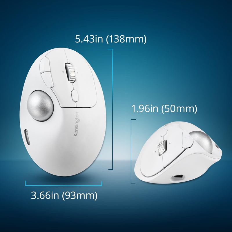 Kensington TB550 Wireless Trackball Mouse, Rechargeable Battery, Bluetooth(LE) & 2.4GHz Wireless Connections, Ergonomic Design, 4D Scroll Wheel, 128-bit AES Encryption, White-Silver (K72180WWVN)