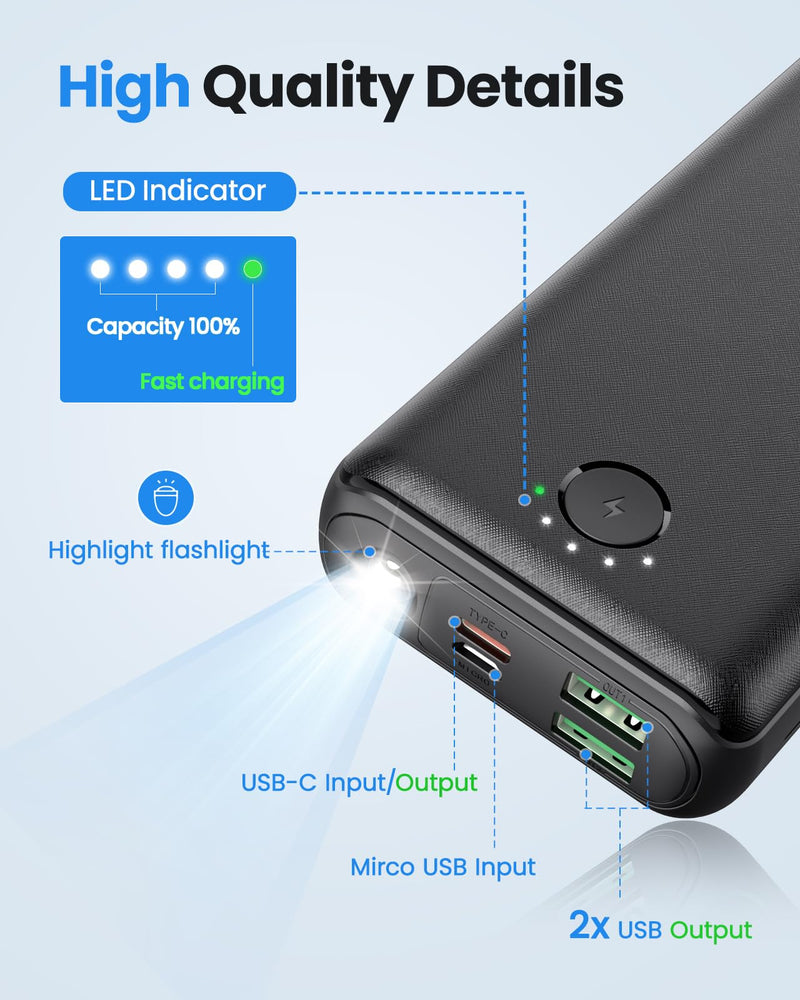 Portable Charger Power Bank 30000mAh - USB C 22.5W Fast Charging External Battery Pack Charging Bank PD QC4.0 with Flashlight 3 Outputs & 2 Inputs Phone Charger for iPhone Samsung Galaxy iPad etc Black