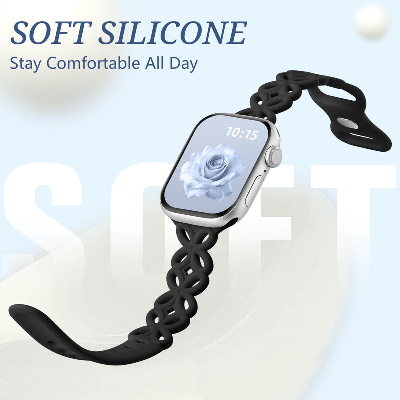 DaQin Slim Silicone Band for Apple Watch Bands for Women 40mm 38mm 41mm 42mm 44mm 45mm 49mm, Cute Thin Braided Floral Hollow-out Breathable Strap for iWatch Series 11 10 9 8 7 6 5 4 3 2 1 SE Ultra Black 38mm/40mm/41mm/42mm(series 11 10)