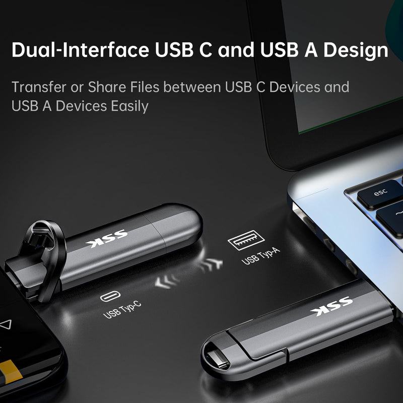 SSK 256GB External SSD Drive up to 550MB/s Dual USB C+A 3. 2 Thumb Drive | Support OTG Function,Fast Solid State SSD,USB A+C Dual Head,USB Memory Stick for iPhone 15/16/17/Android Phone,Metal