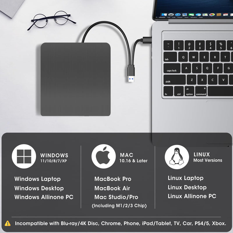 [AUSTRALIA] - ROOFULL External CD/DVD Drive for Laptop, USB 3.0 & USB-C Portable CD/DVD-RW Player Reader Writer Burner, Optical Disc Drive for Windows 11/10 PC, Mac, MacBook & Linux Computer, Model ECD829-Y 2 In 1 