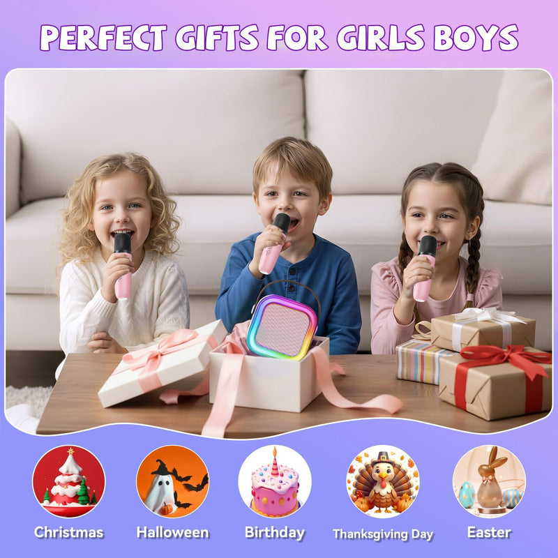 Upgraded Mini Karaoke Machine with 3 Wireless Microphones for Kids Girls Boys - Karaoke Party Speaker Christmas Birthday Gifts for 4 5 6 7 8 9 10 11+ Year Old - Kids' Instrument Accessories - Pink 3MIC-PINK