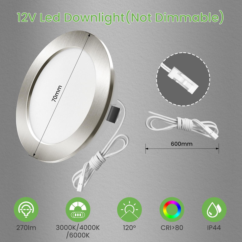 ALUSSO LIGHTING LED Recessed Spotlight 12 V, 3000 K 4000 K 6000 K LED Spot 12 V IP44, 4 W 270 LM Recessed Spotlights 55-58 mm for Motorhome Mirror Cabinet Caravan Van Wardrobe Nickel Set of 3 (Not Nickel. Hole Size: 55-58 Mm, 12 V Ac/Dc 3 pieces