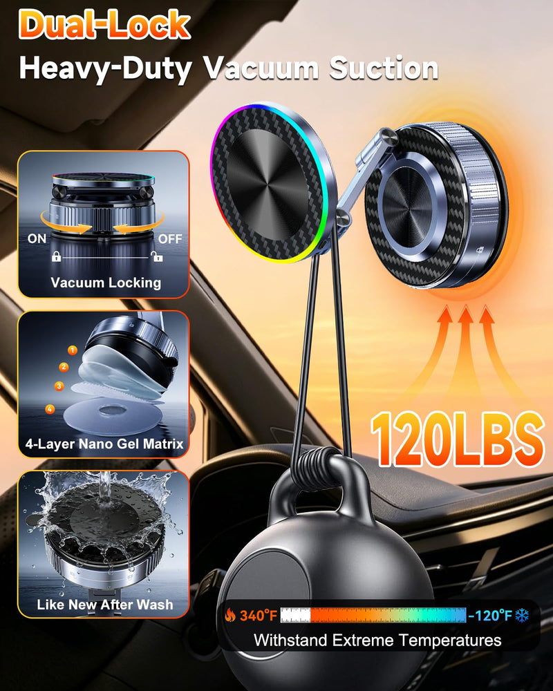 for MagSafe Car Mount Charger, 15W Fast Charging Magnetic Wireless Car Charger, Vacuum Magnetic Phone Holder [120LBS Ultra Suction Cup & 3800gf Magnet ] 780° Dashboard Car Bracket for iPhone & Android
