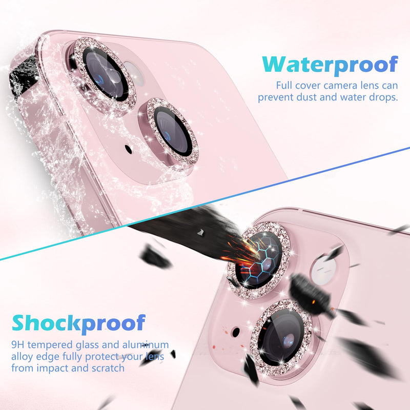 imluckies Camera Lens Protector for iPhone 15 / iPhone 15 Plus Bling Pink, Anti-Scratch HD Tempered Glass with Aluminum Alloy Edge, Shiny Not Effect Shooting, Bright Pink Glitter Pink