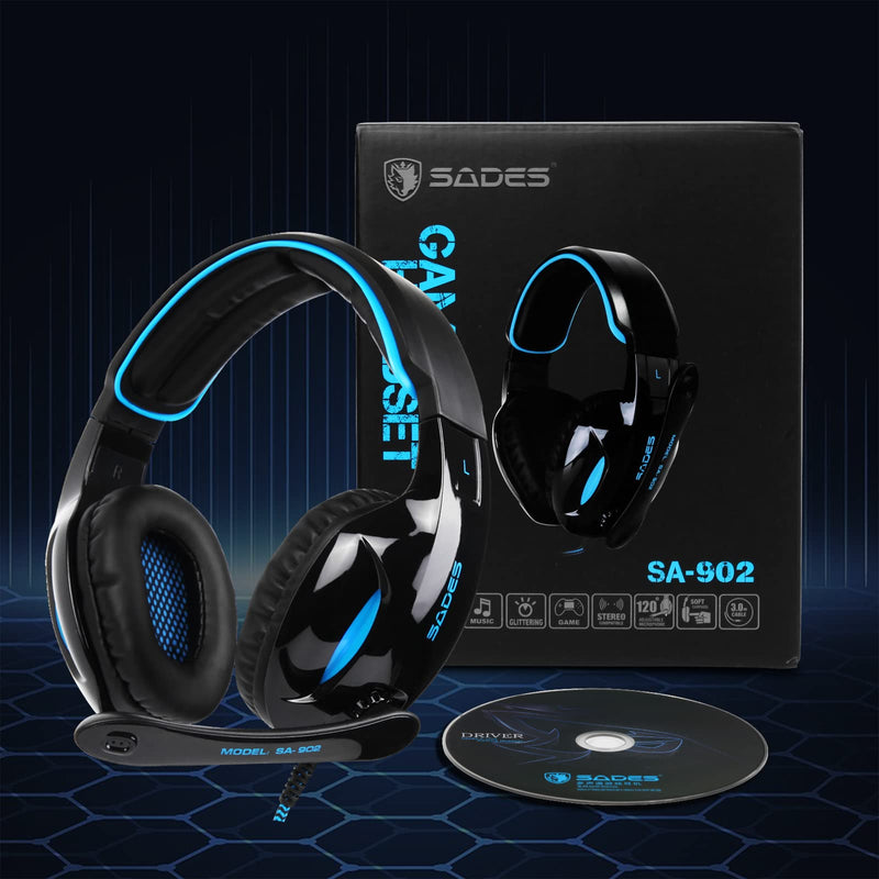 [AUSTRALIA] - SADES SA902 Stereo Gaming Headset 7.1 USB Surround Sound PC Headsets Over-Ear Gaming Headphones with Microphone LED Light Black Blue 