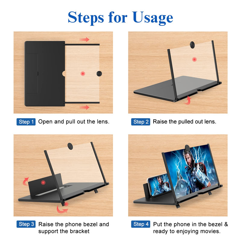 16" Screen Magnifier -3D HD Mobile Phone Magnifying Projector Screen Enlarger for Movies, Videos and Gaming – Foldable Phone Stand Holder with Screen Amplifier–Compatible with All Smartphones Black-16 inch